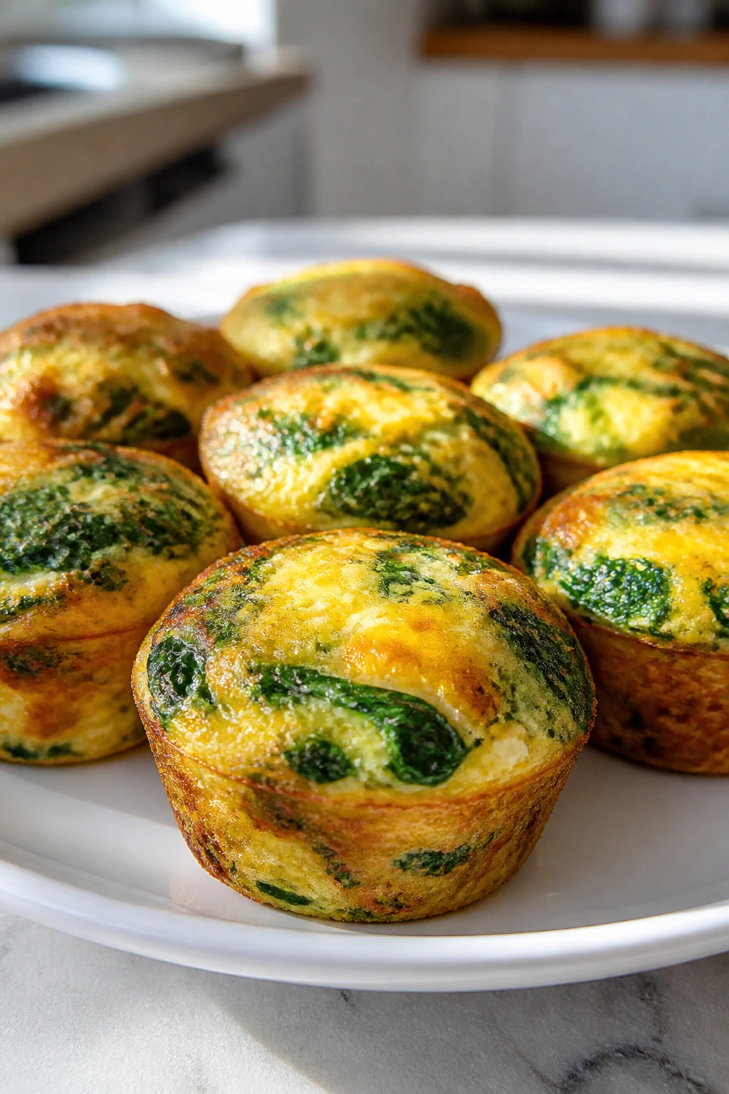Plate of spinach and cheese egg bites with spinach flecks