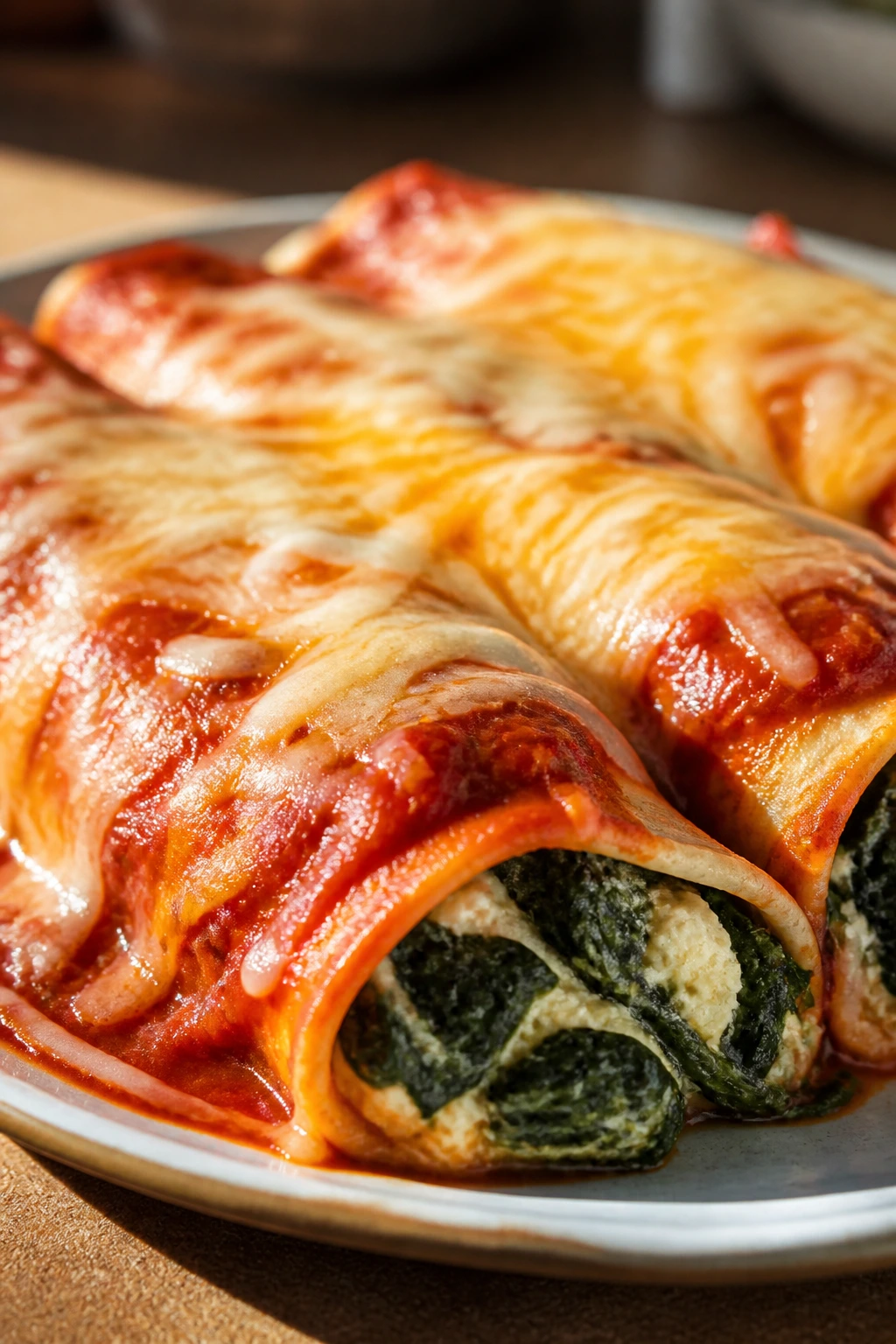 Close-up of spinach and cheese enchiladas with red sauce