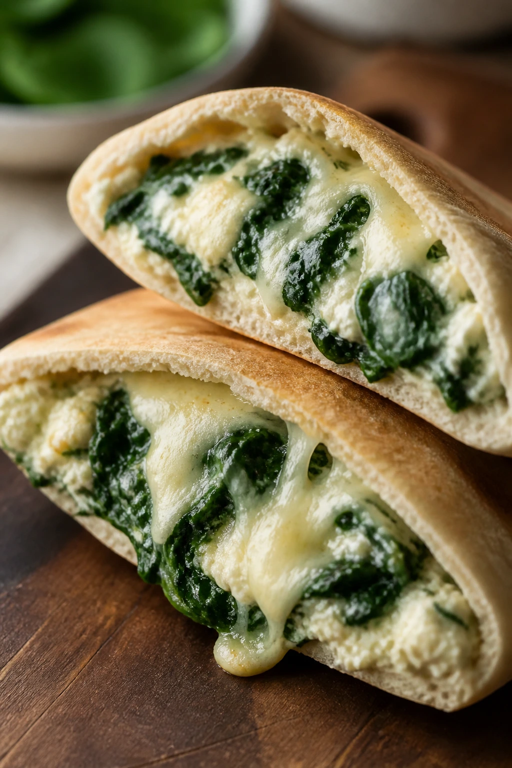 Close-up of wilted spinach and cheese stuffed pita halves