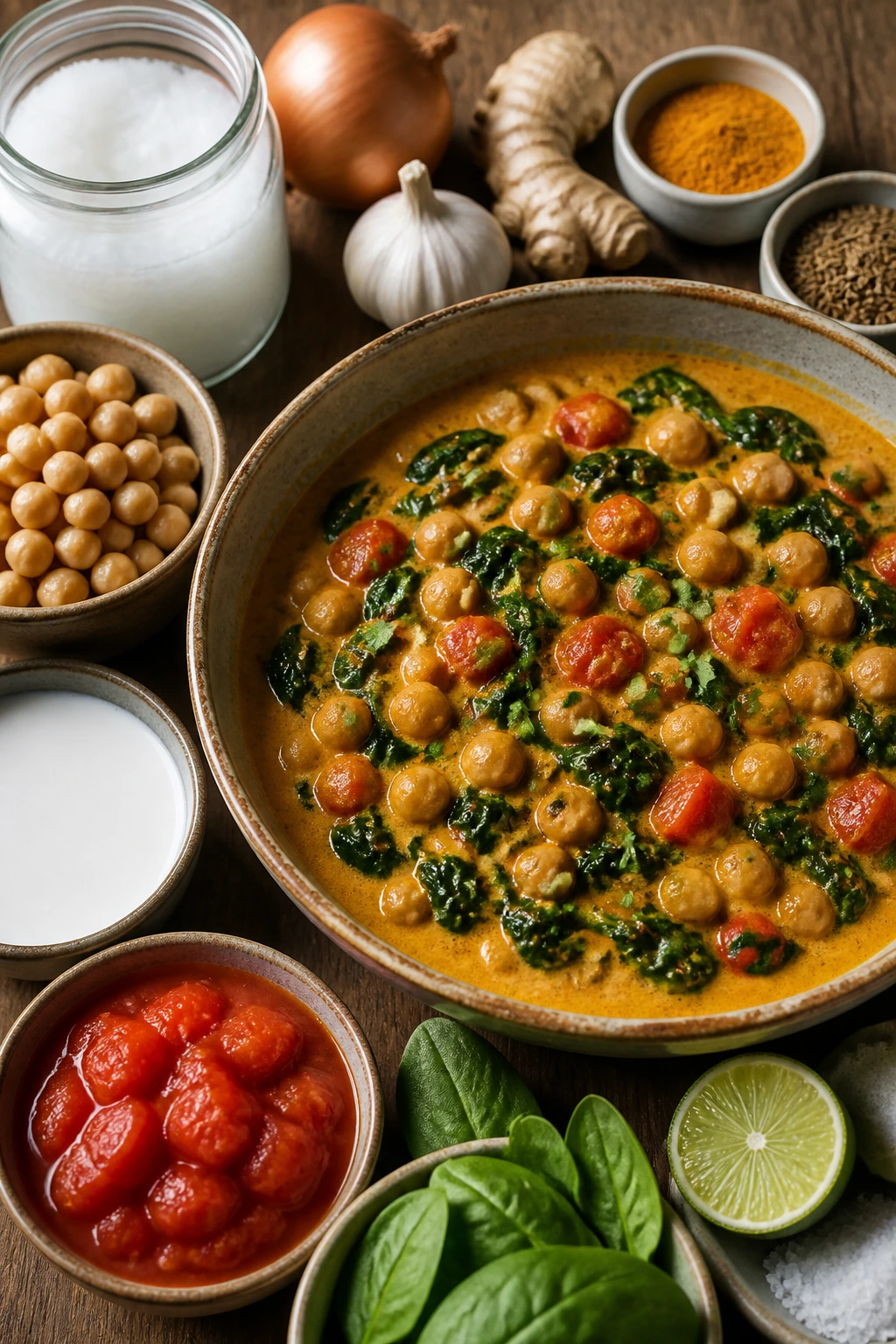 Bright curry in a bowl with chickpeas, spinach, and coconut milk swirl.