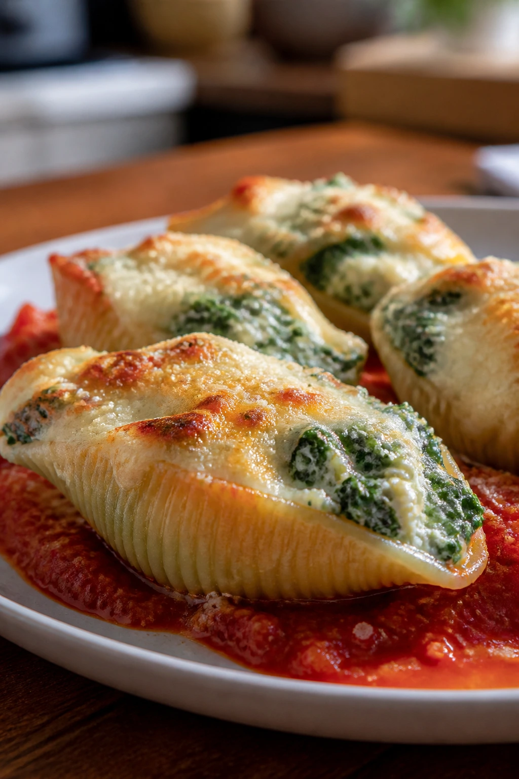 Stuffed pasta shells with spinach and cottage cheese on a plate