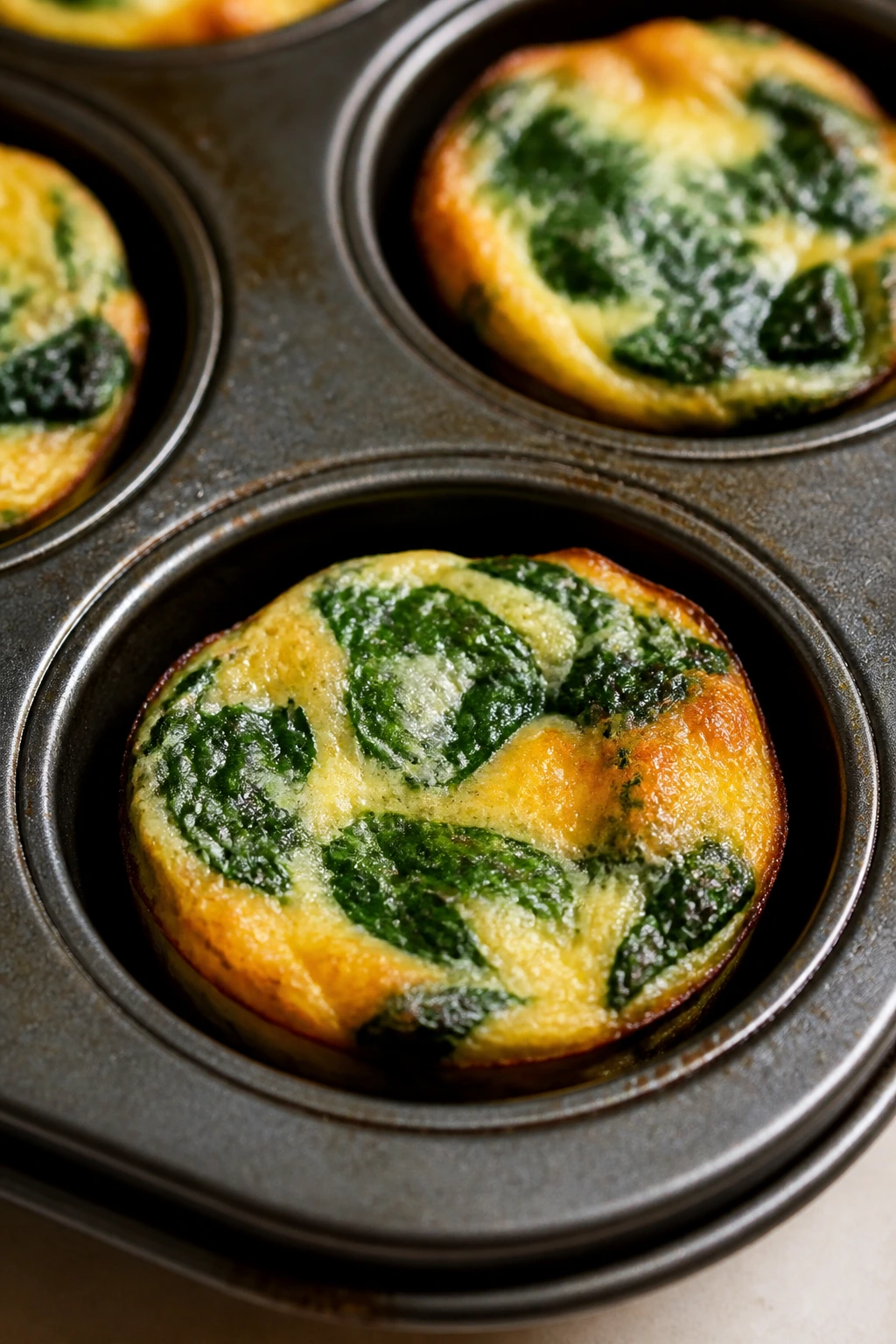 Spinach egg muffin cups in a muffin tin on a counter