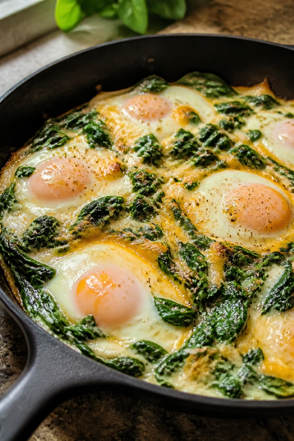 Skillet with spinach and eggs on a kitchen counter