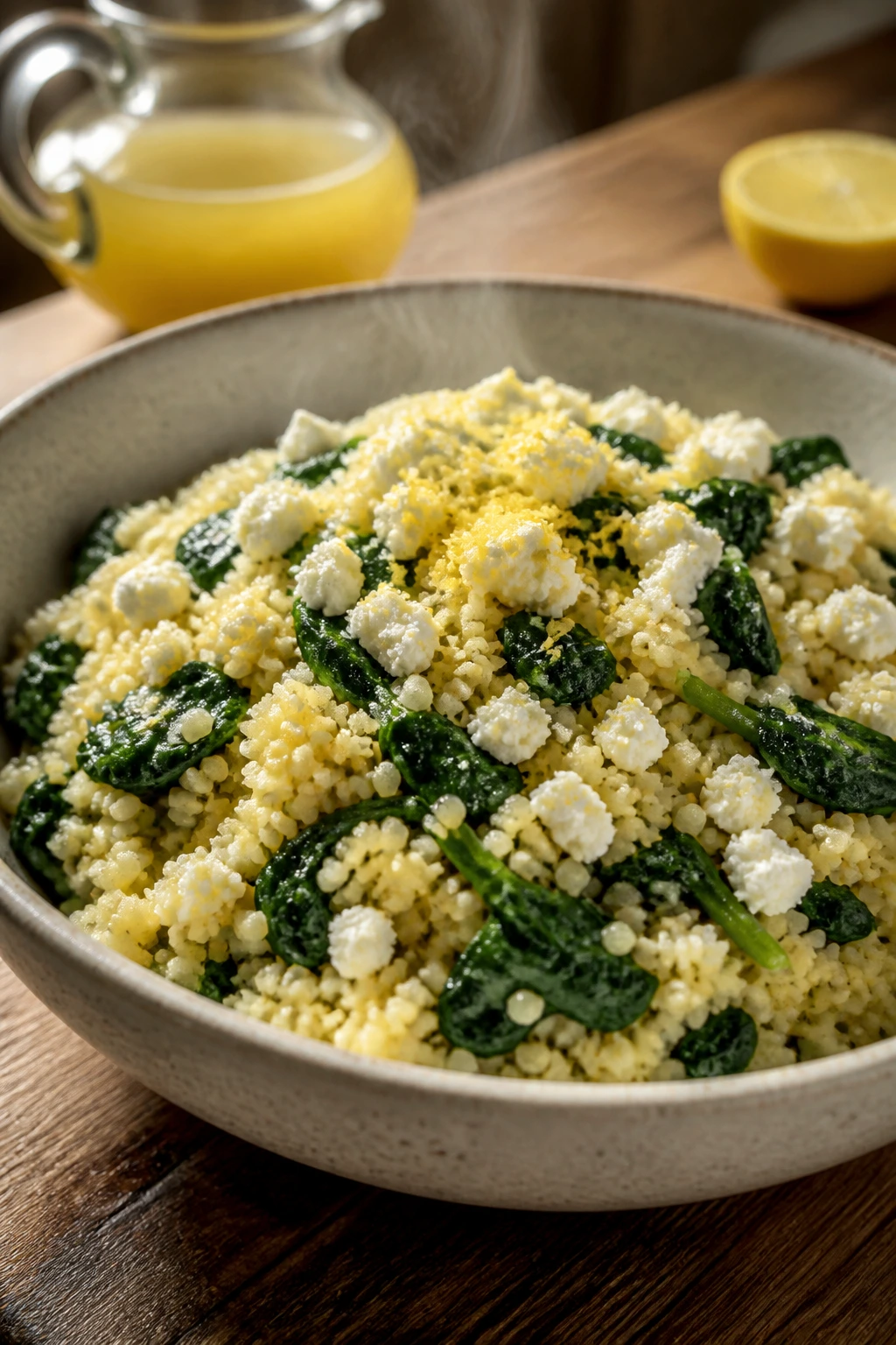 Close-up of spinach and feta couscous in a bright kitchen bowl