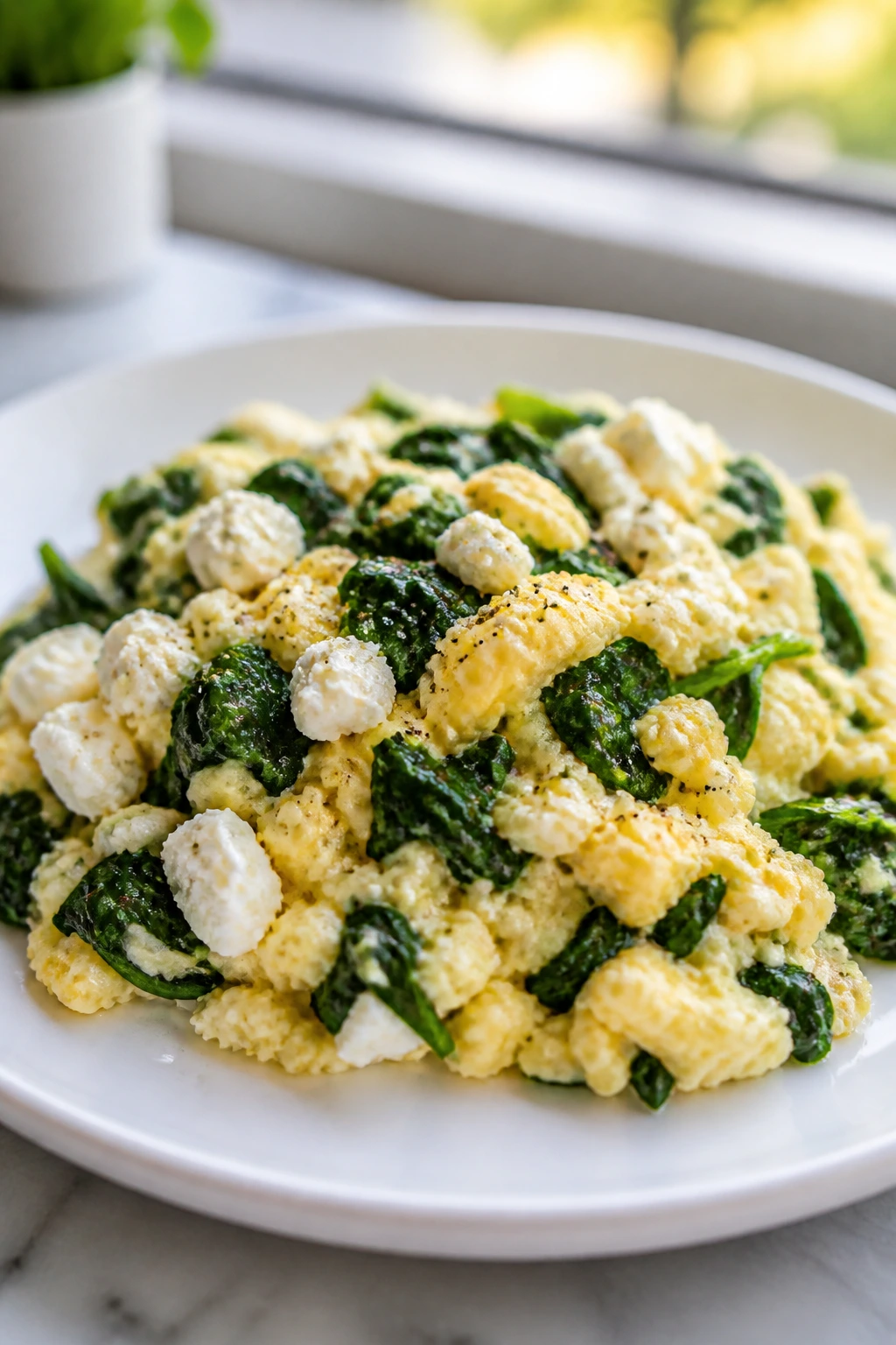 Spinach feta egg white scramble plated for a quick breakfast