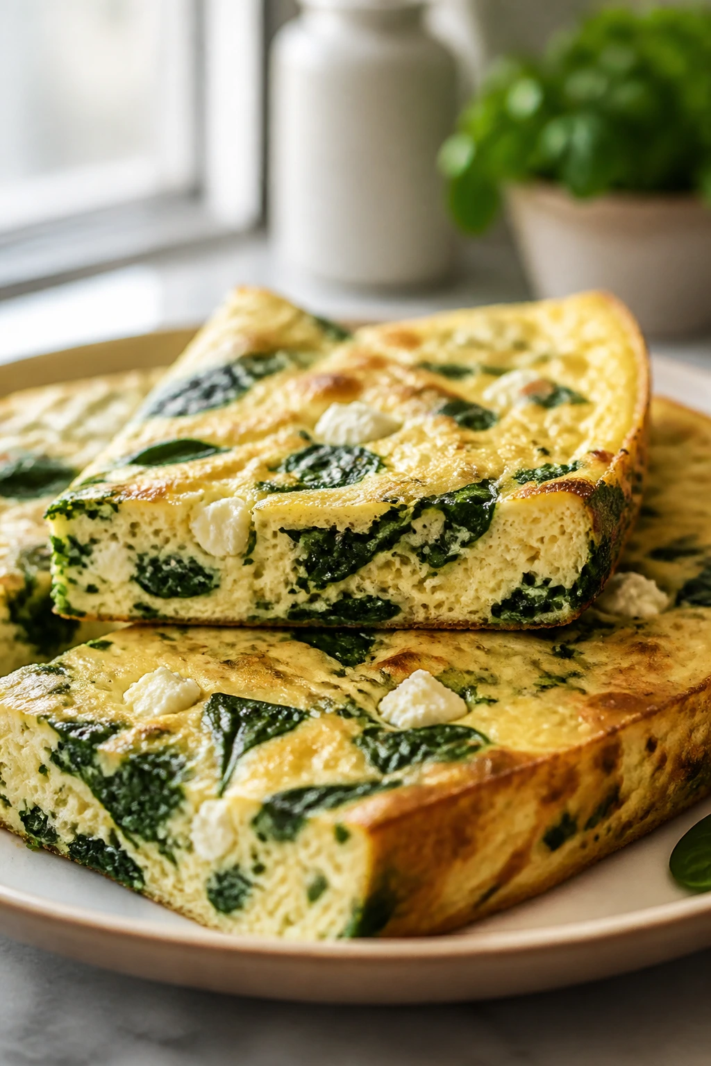 Wedge of spinach feta frittata on a plate
