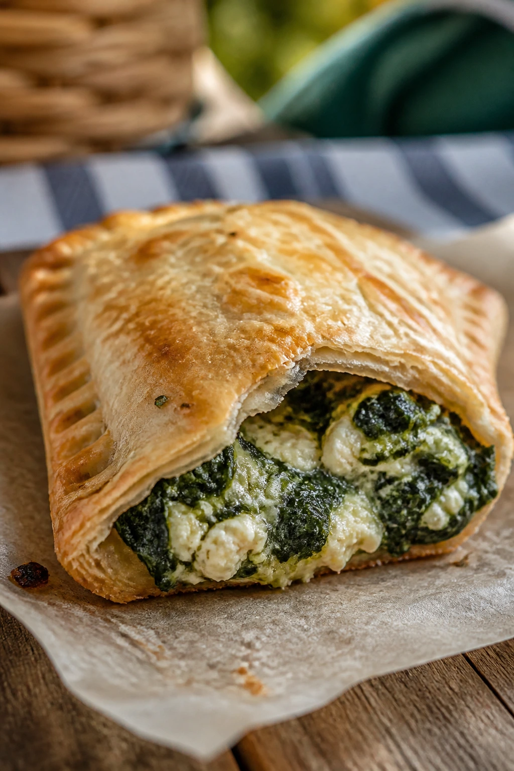 Spinach and feta hand pie on parchment at a picnic