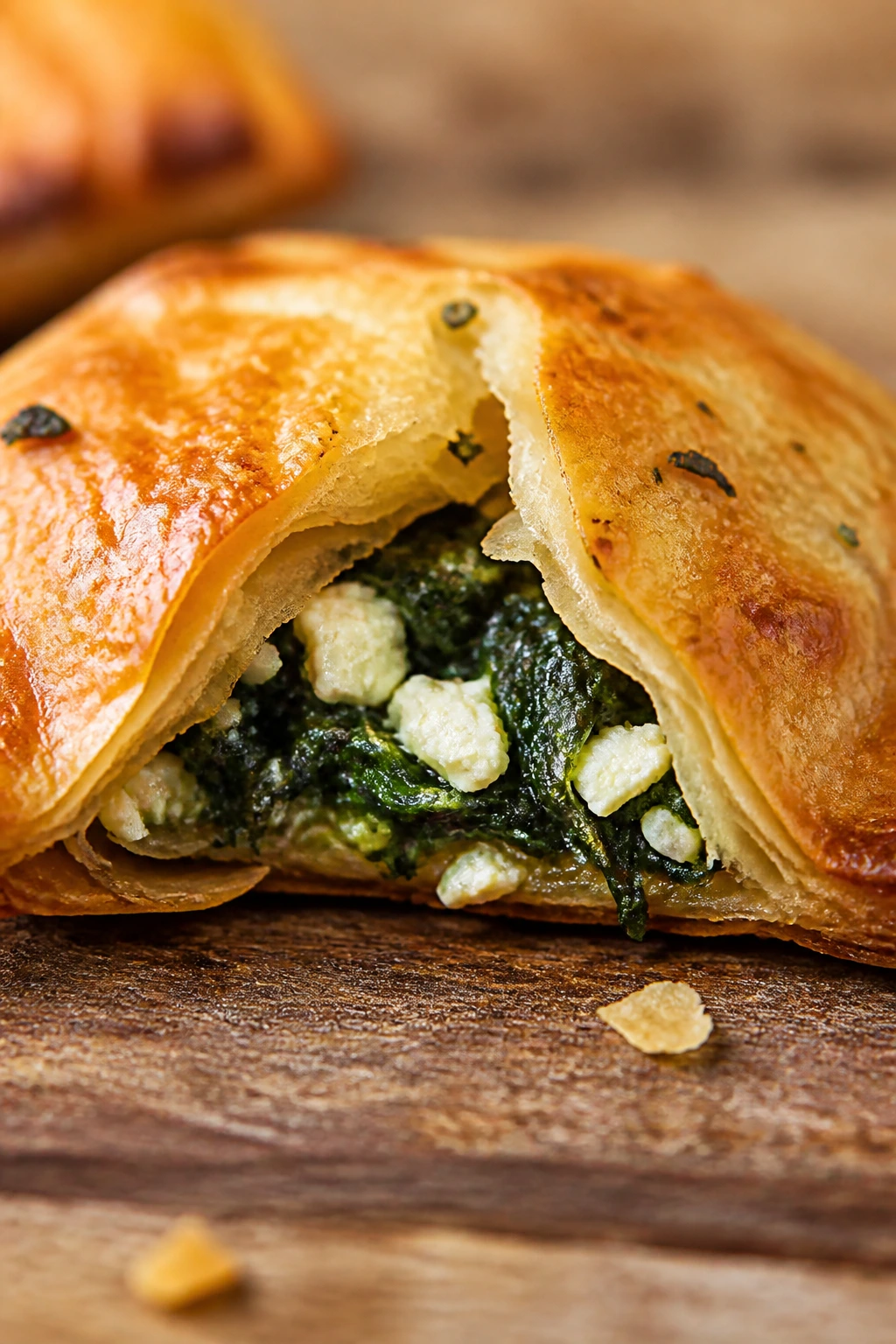 Flaky spinach-feta hand pie on a rustic surface