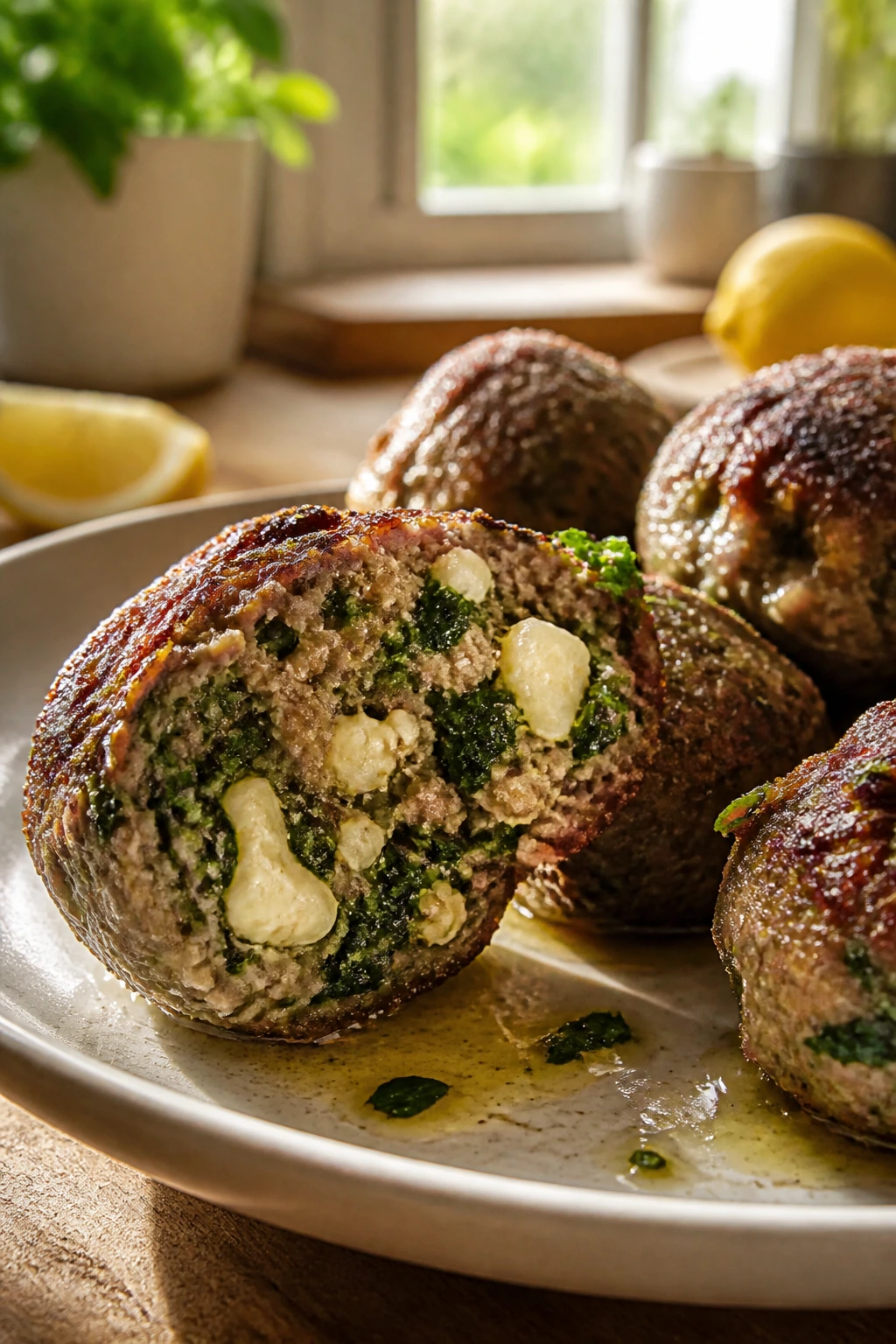 Spinach feta meatball cross-section on plate