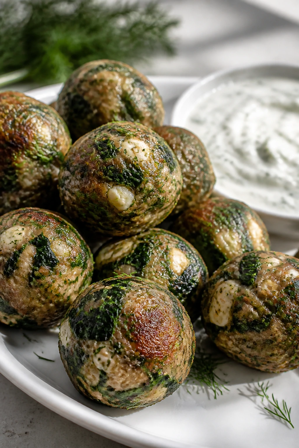 Spinach and feta meatball with dill yogurt sauce