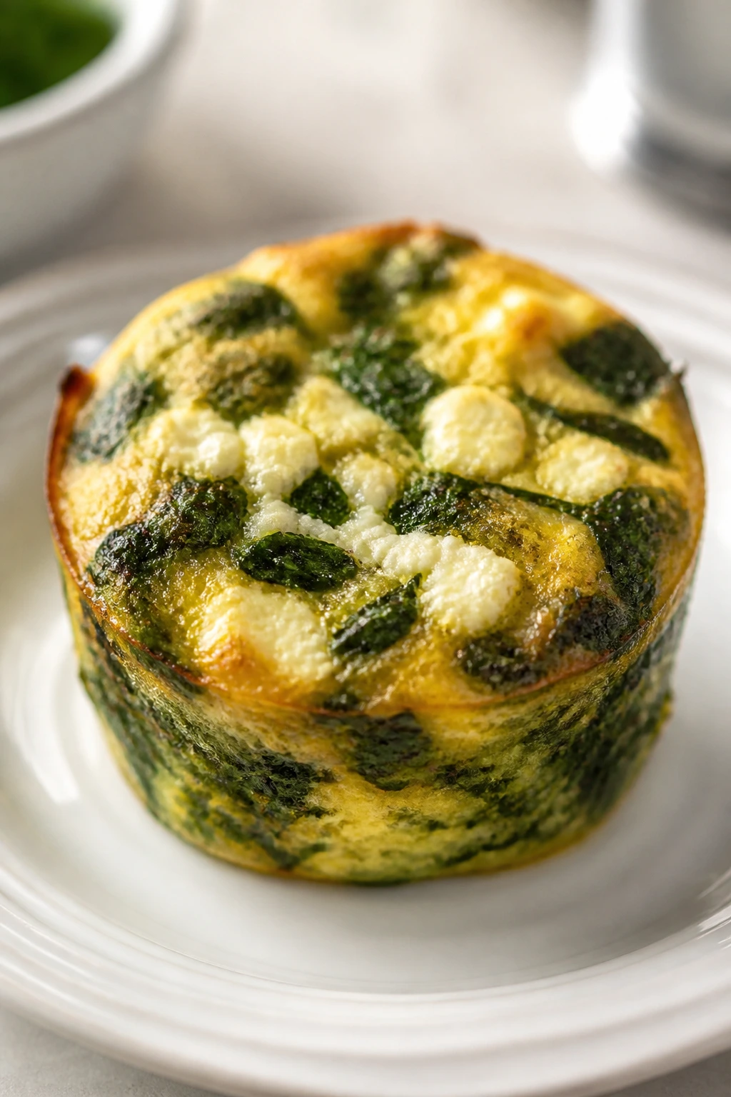 Close-up of spinach and feta muffin frittata on plate