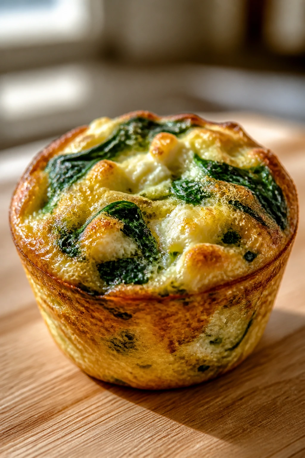 Close-up of a spinach feta egg muffin on a wooden board in a sunlit kitchen