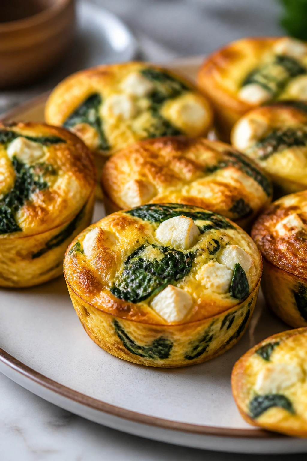 Spinach feta egg muffins on plate with browned tops