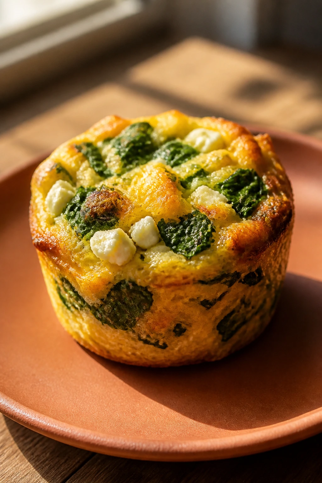 Golden spinach feta muffin on plate
