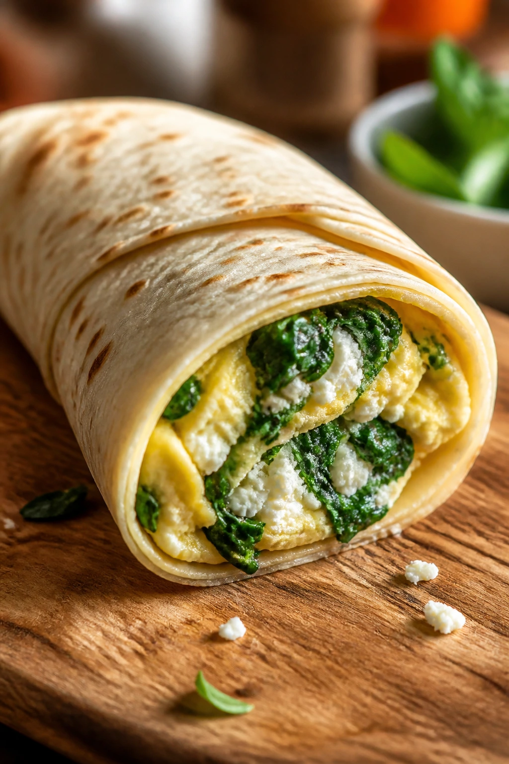 Close-up of spinach feta omelet wrap on wooden board