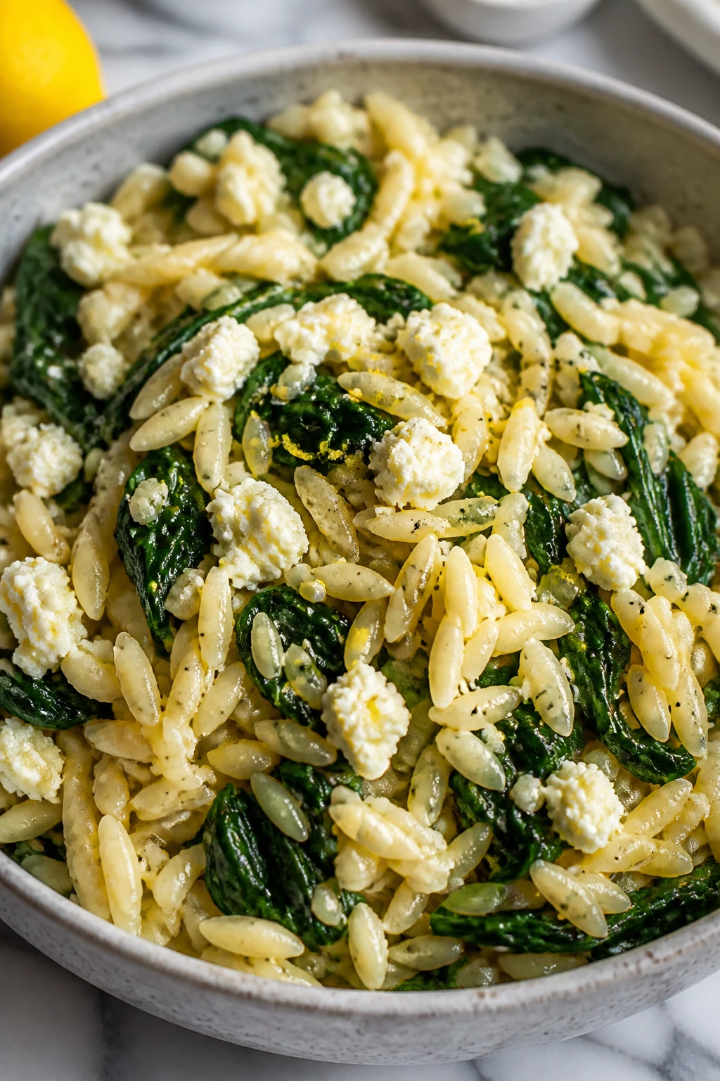 Orzo pasta with spinach and feta in a bowl