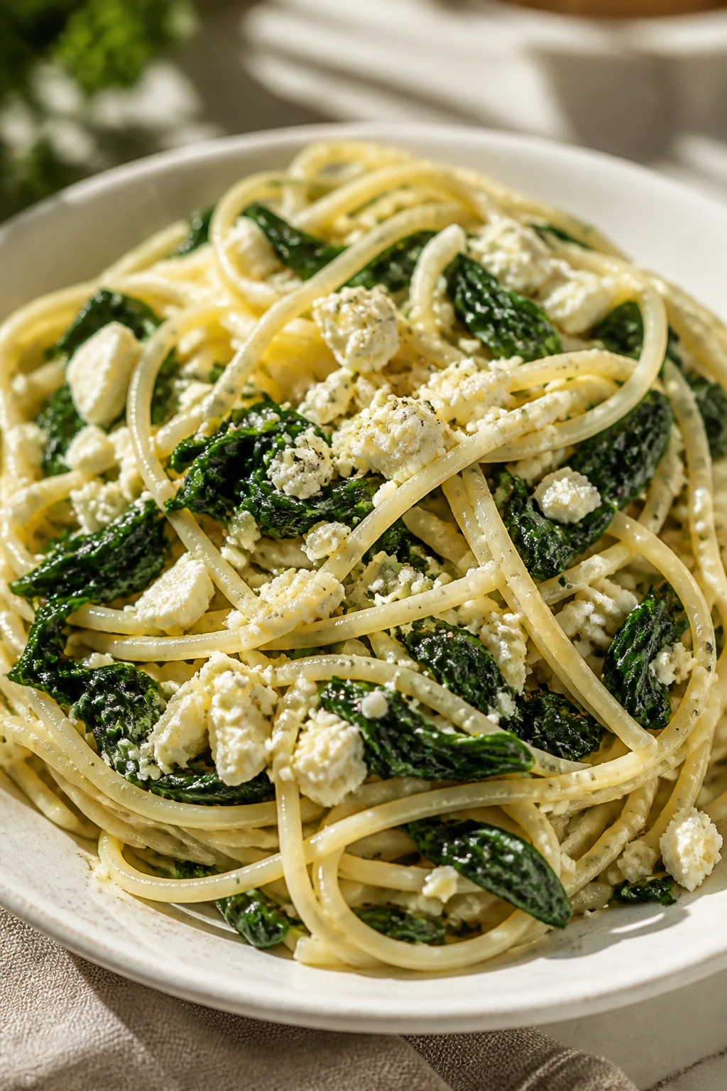 Close-up of spinach feta pasta on a plate