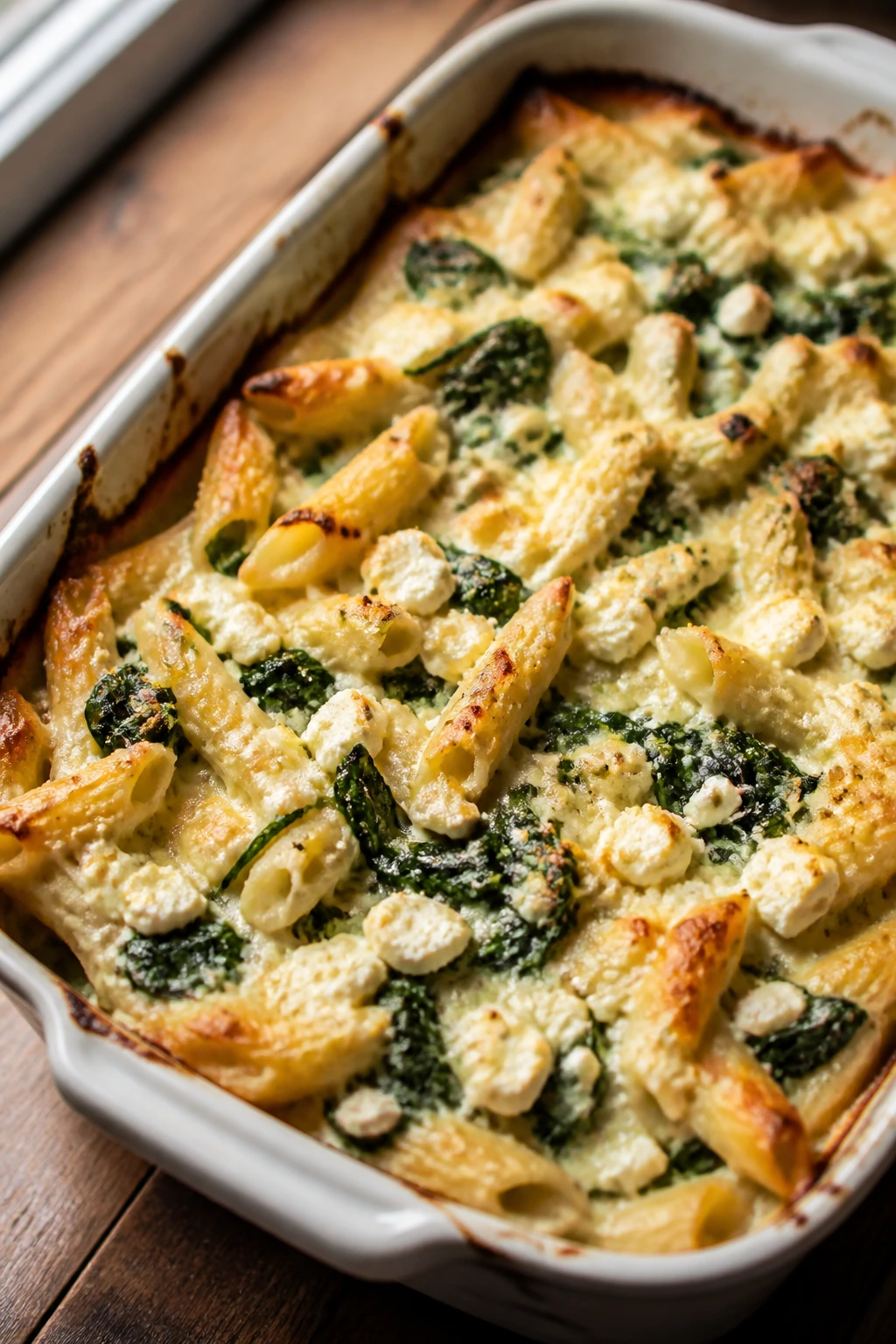 Close-up of spinach and feta pasta bake in a baking dish with feta and spinach