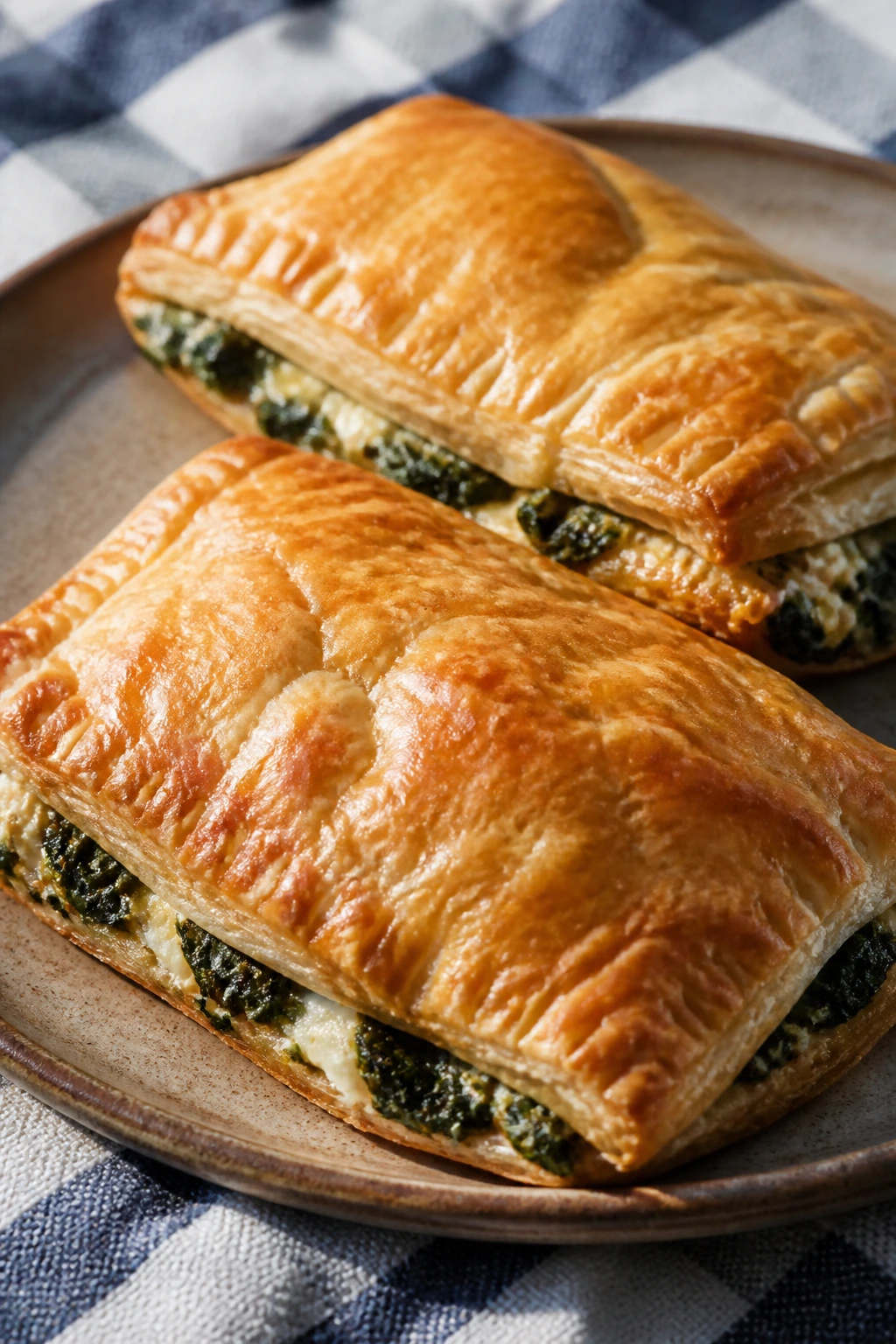 Two spinach and feta hand pies on a rustic plate outdoors near a picnic blanket.