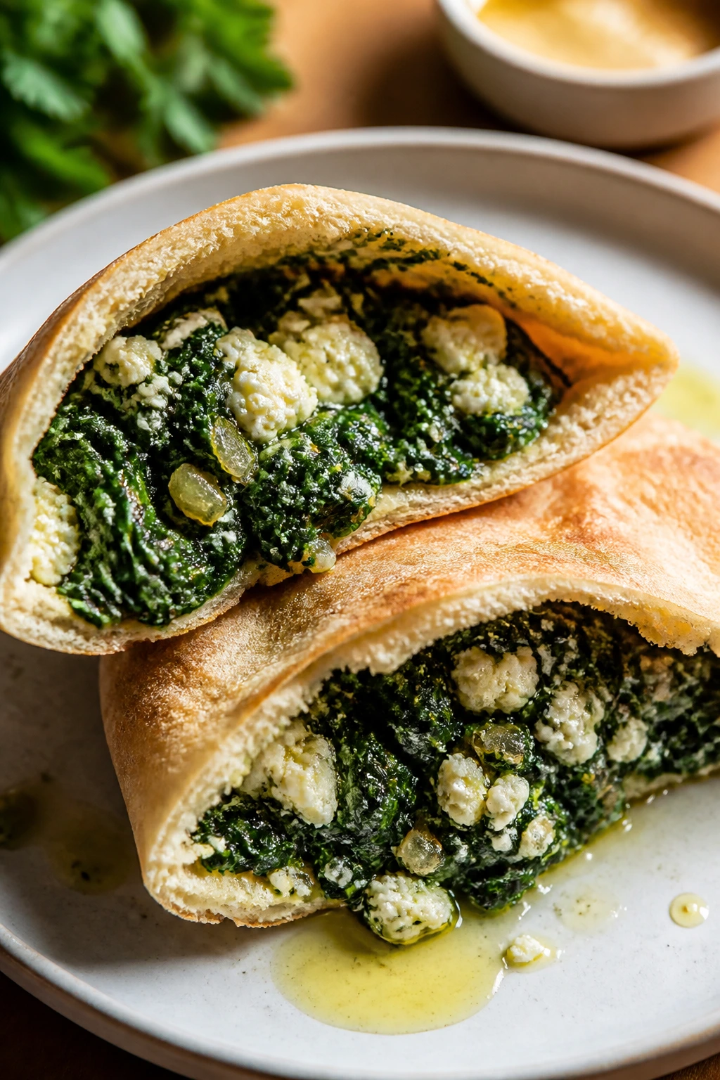 Open pita pocket with spinach and feta filling on plate