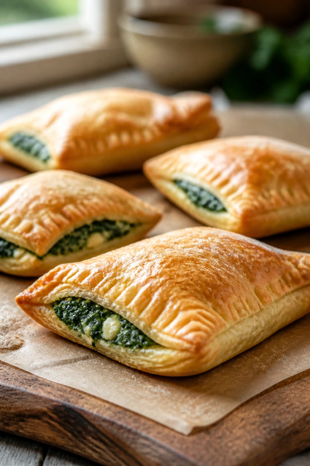 Close-up of spinach and feta puff pastry pockets on a wooden board with warm kitchen light