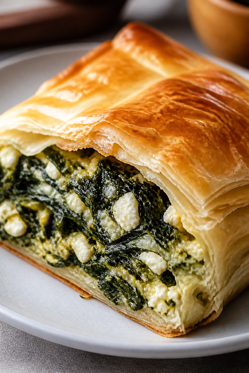 Close-up of spinach feta puff pastry square on plate