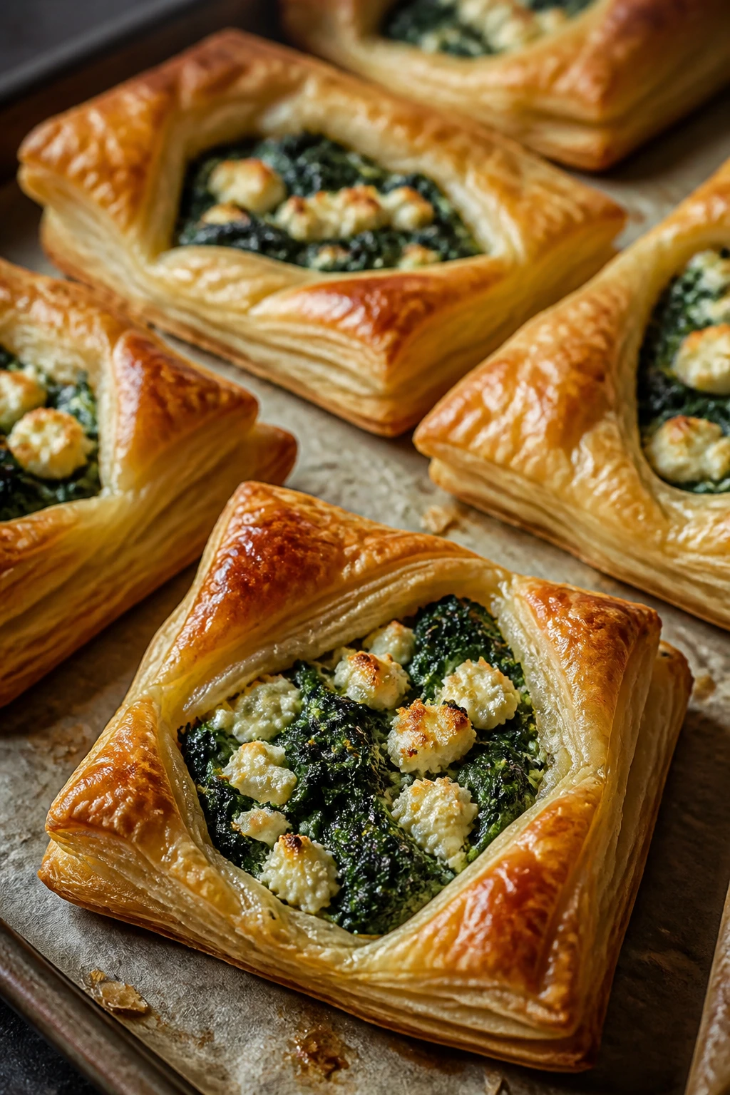 Close-up of spinach and feta puff pastry squares on a baking sheet