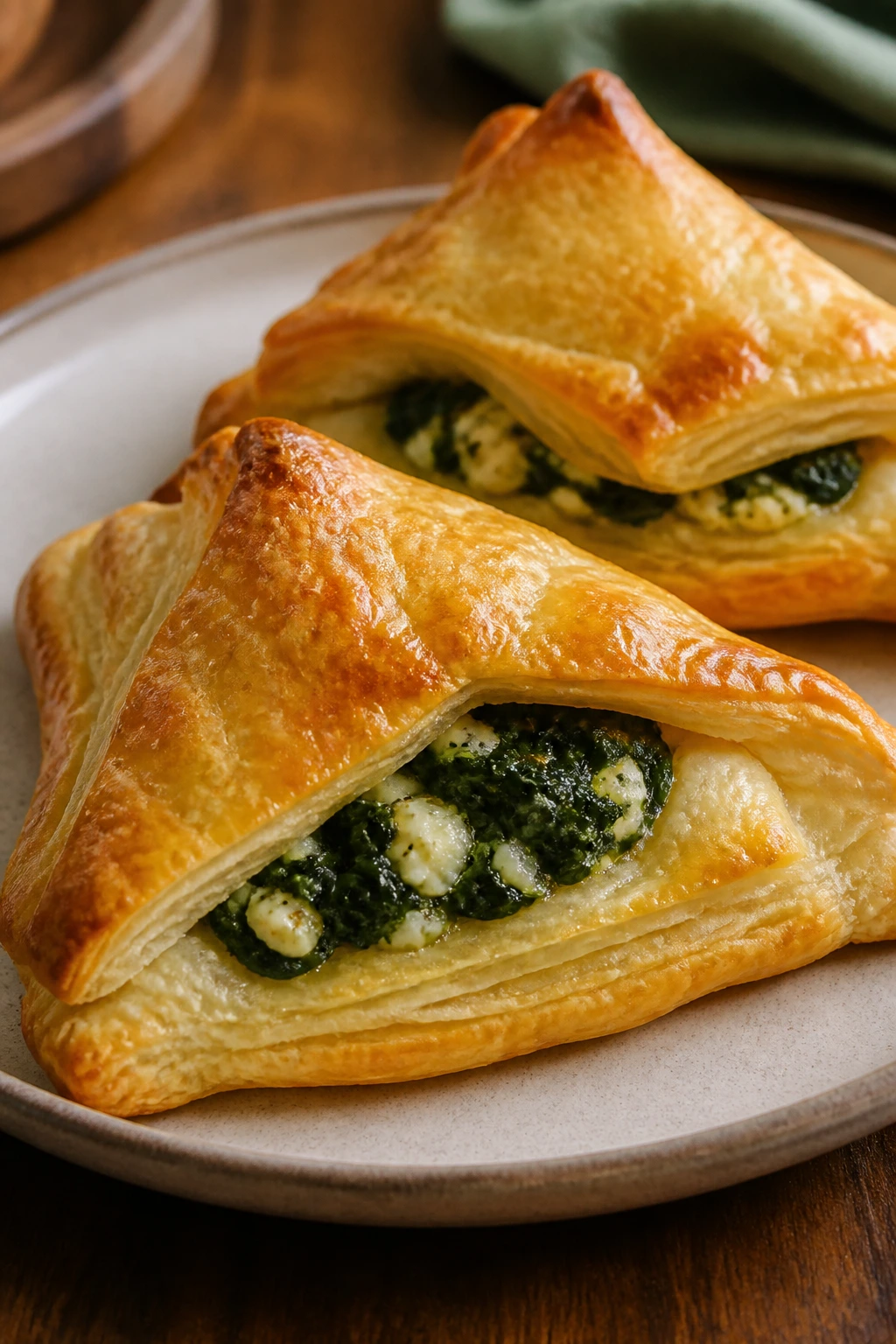 Two spinach feta puff pockets on a plate