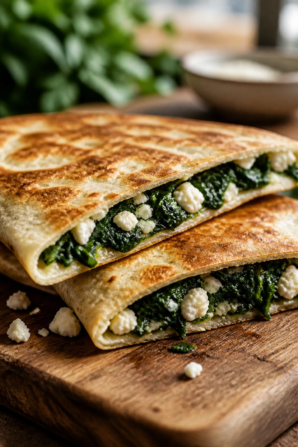 Close-up of spinach and feta quesadillas with melted cheese on a wooden board.