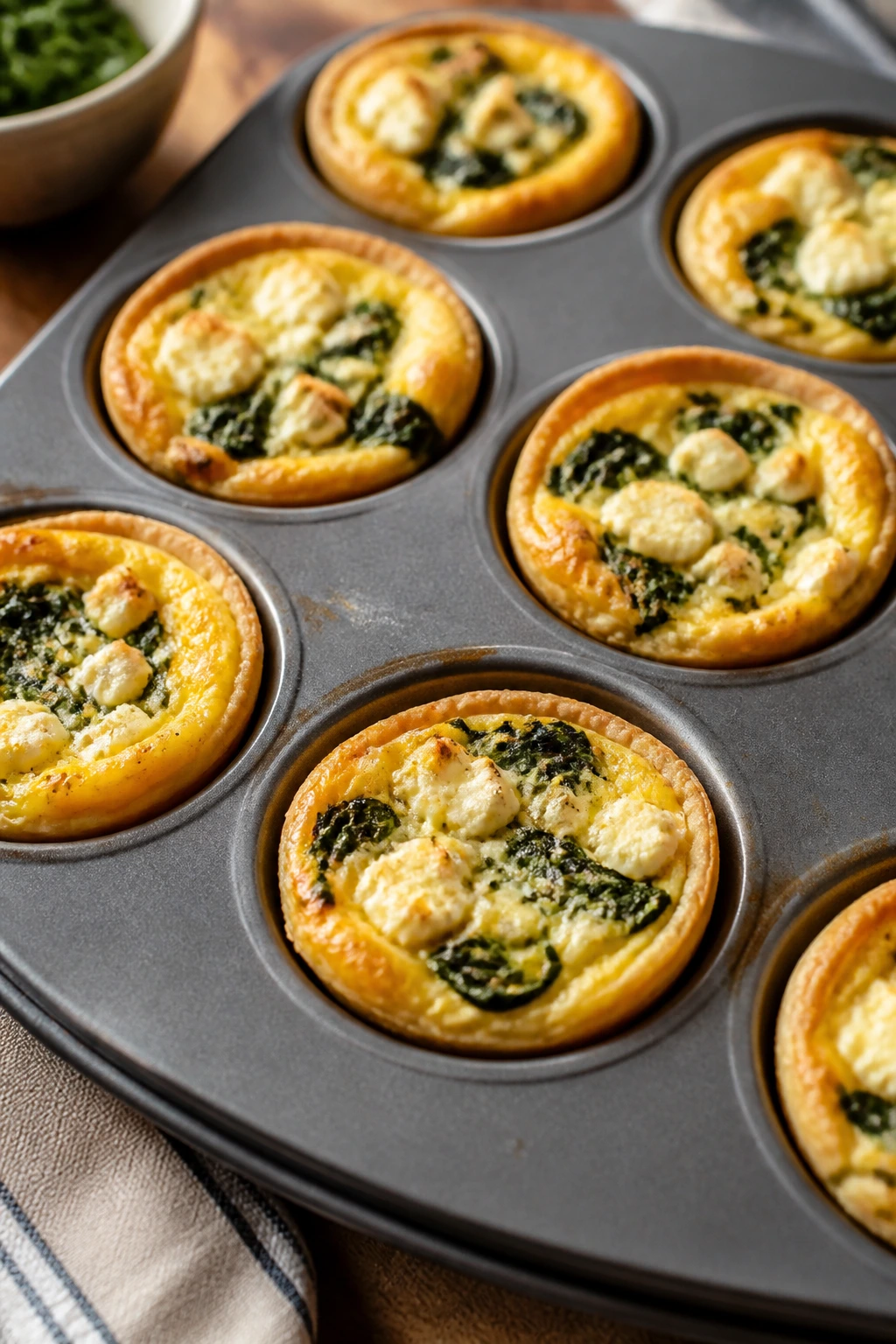 Close-up of golden mini quiches with spinach and feta in a muffin tin.