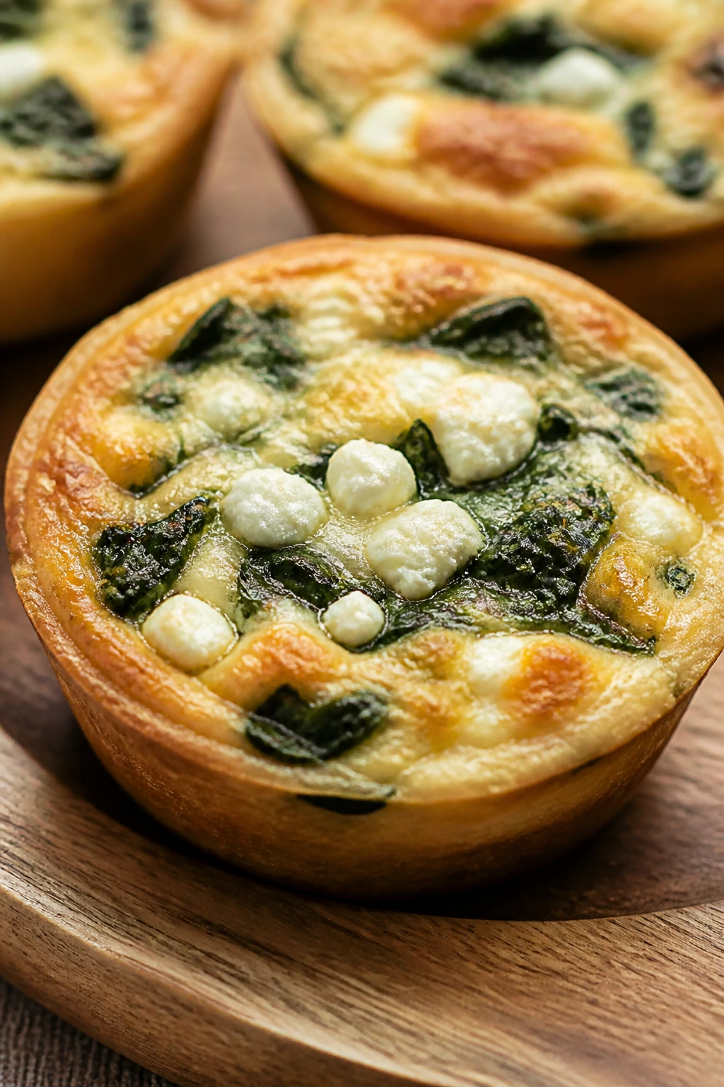 Close-up of a spinach-feta mini quiche on a wooden plate at a picnic