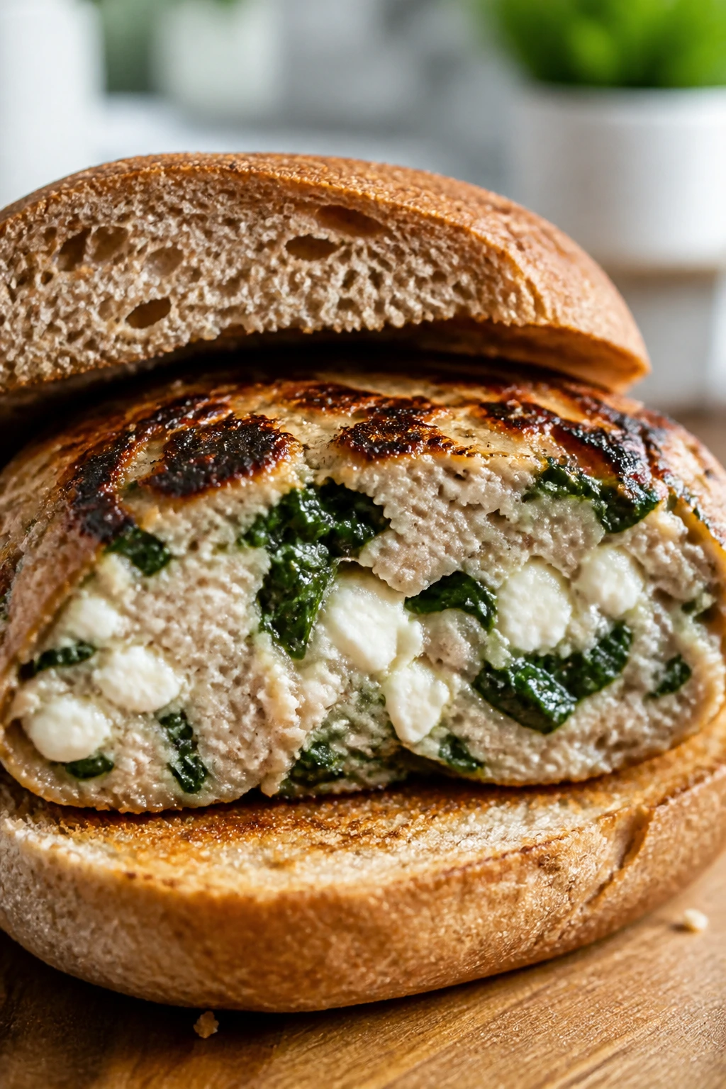 Close-up cross-section of turkey burger with spinach and feta on bun