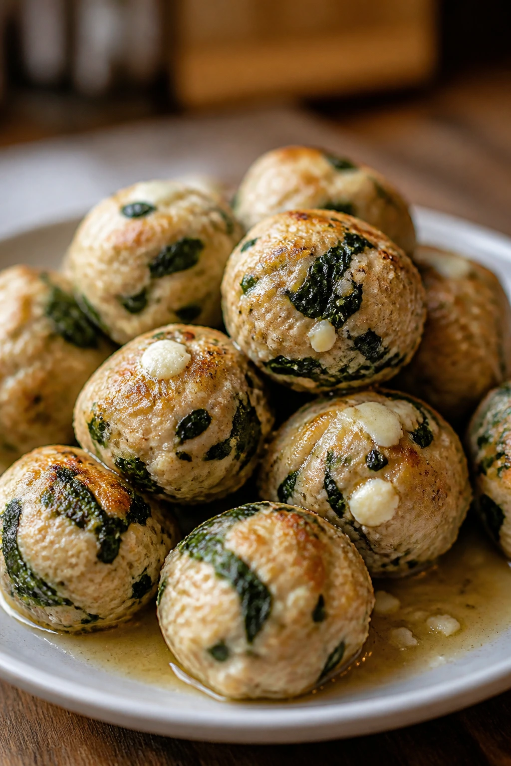 Close-up of spinach feta turkey meatballs on a plate