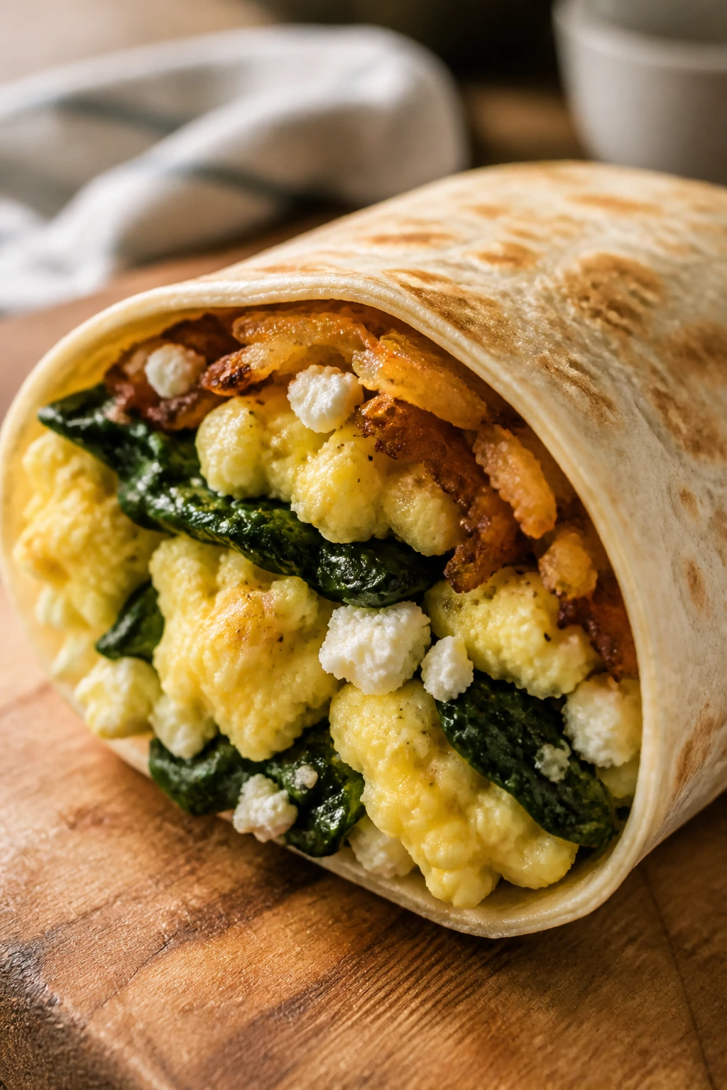 Close-up of spinach feta breakfast wrap half with potatoes