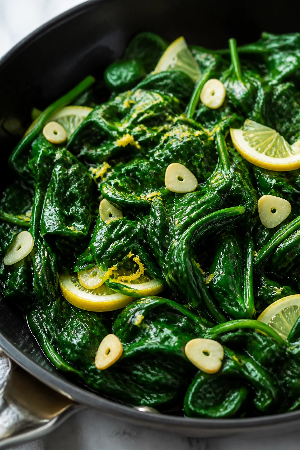 Wilted spinach with garlic and lemon in a skillet