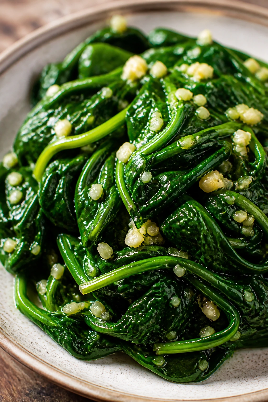 Close-up of glossy sesame spinach with garlic
