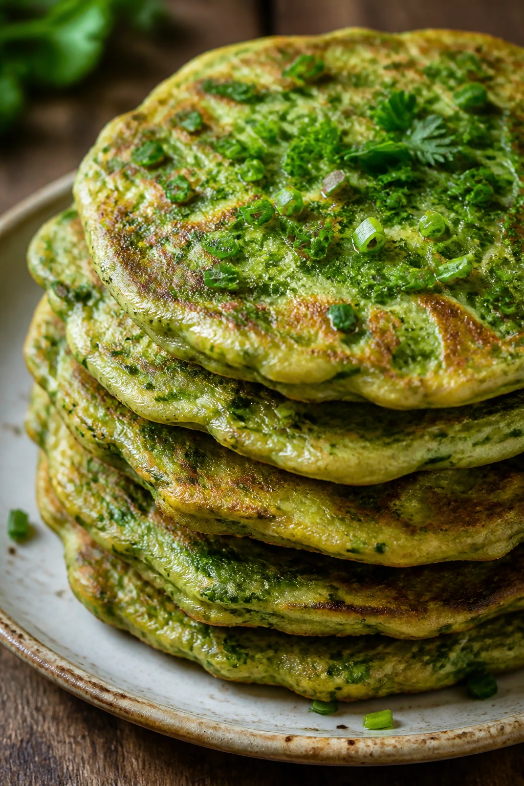 Close-up of Spinach and Herb Pancakes with green color and herbs