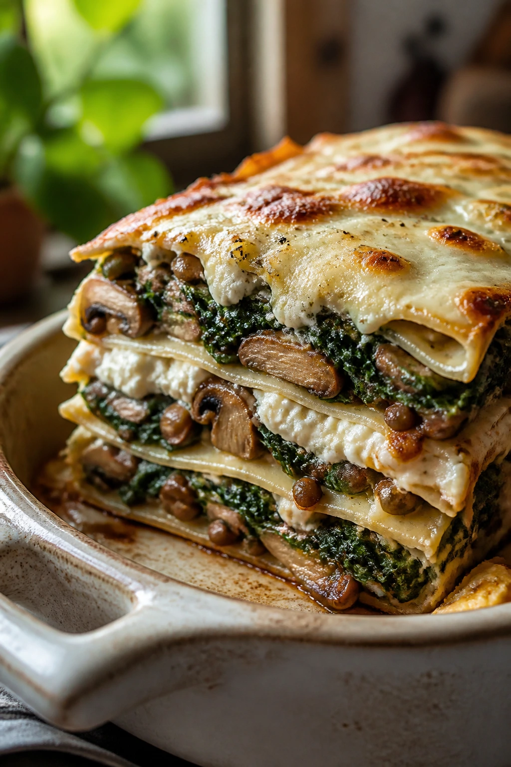 Slice of spinach mushroom lasagna with lentils