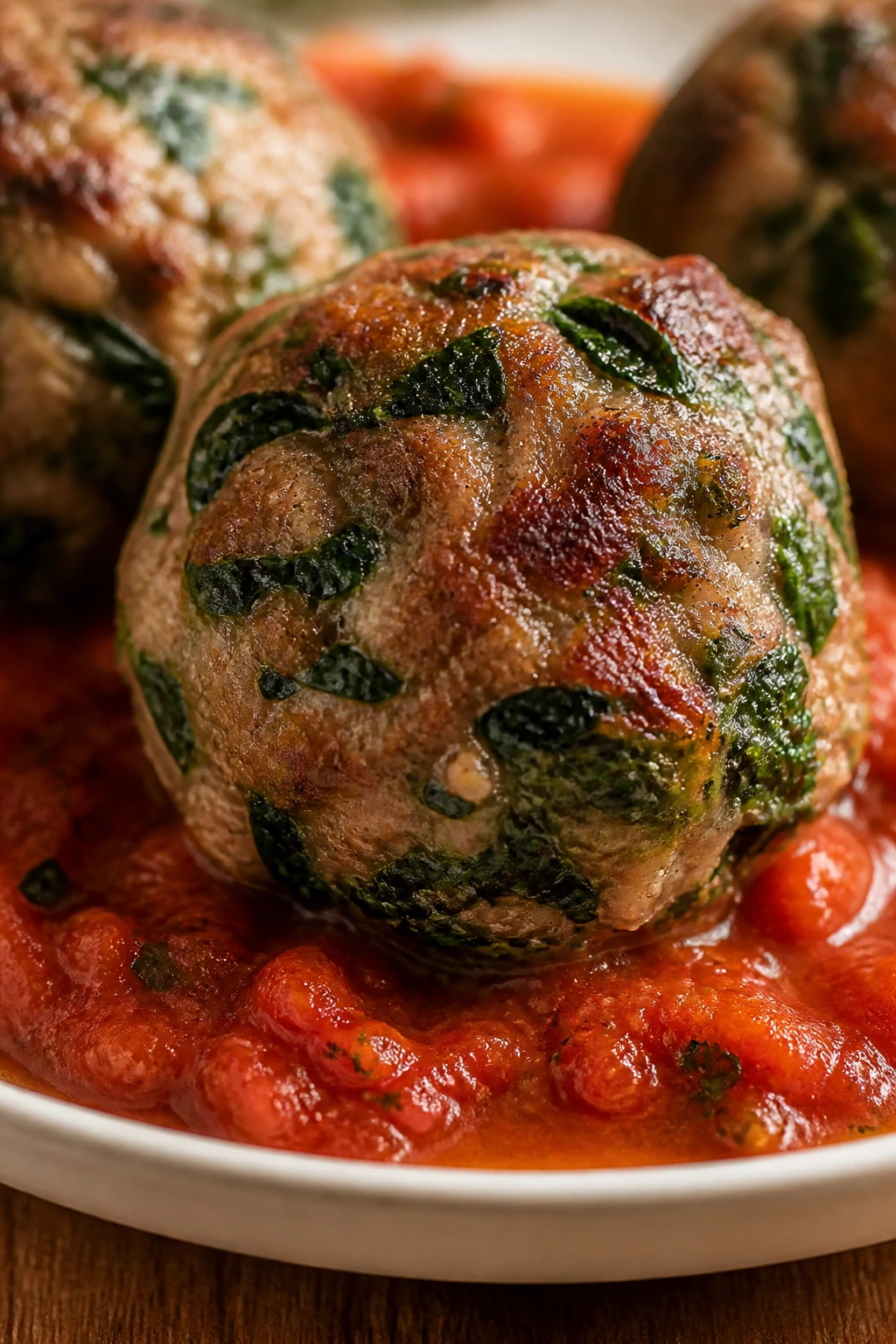 Close-up of spinach-flecked meatball in marinara