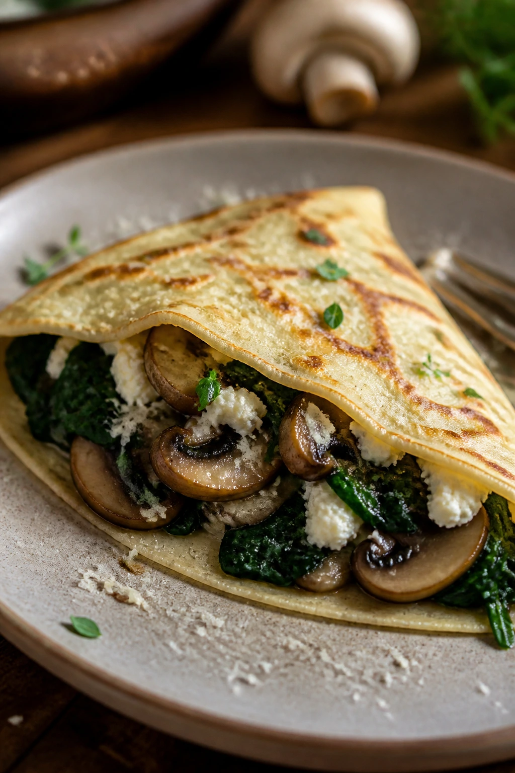 Crepe filled with spinach and mushrooms on a plate