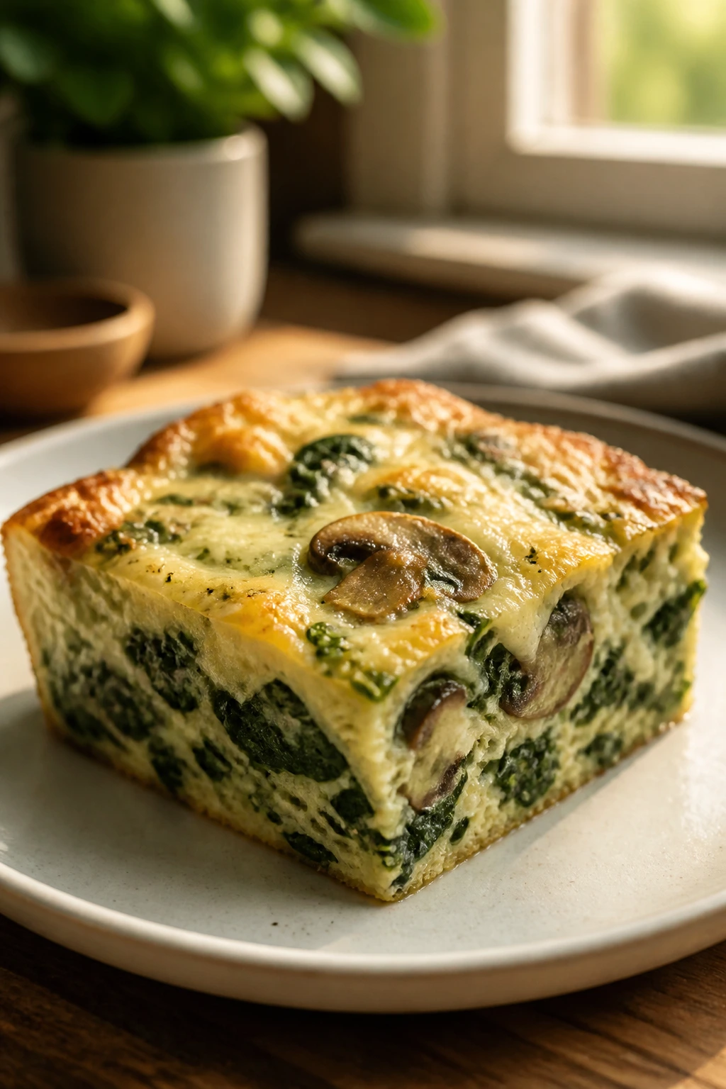 Slice of spinach mushroom egg bake on plate