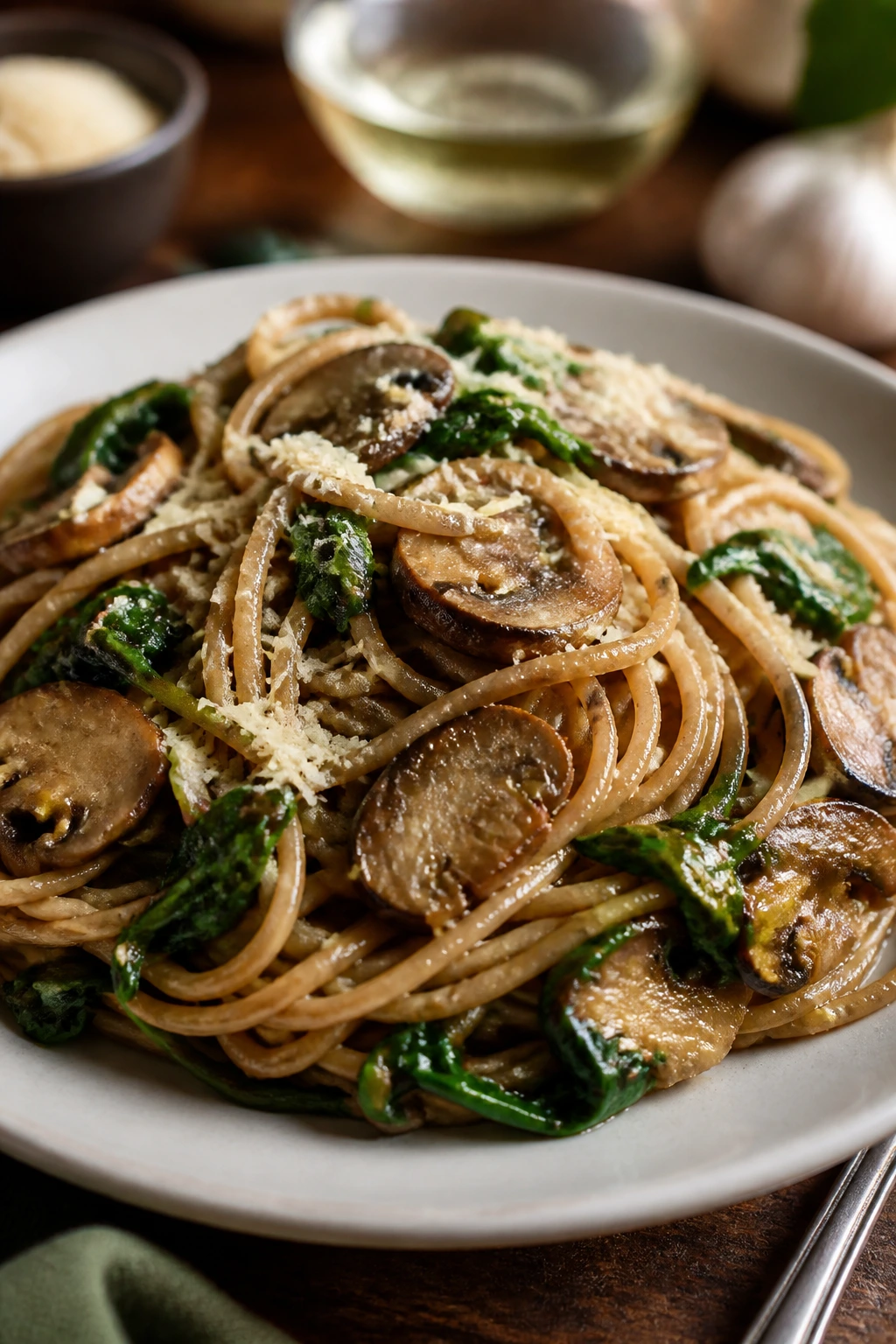 Close-up of spinach and mushroom pasta with parmesan on a plate