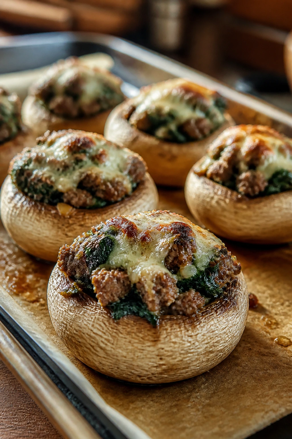 Close-up of stuffed mushrooms with beef and spinach on parchment in a warm kitchen