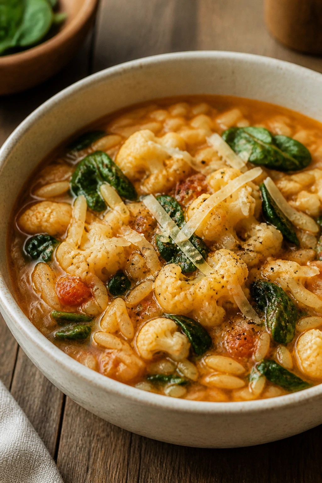 Spinach orzo cauliflower soup with spinach on top