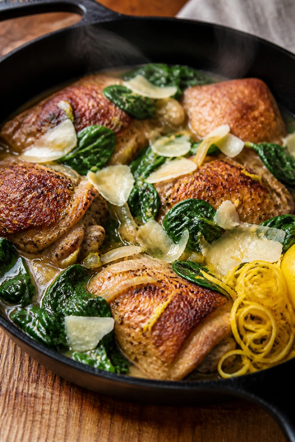 Close-up of a skillet with spinach, parmesan, and lemon finishing sauce.