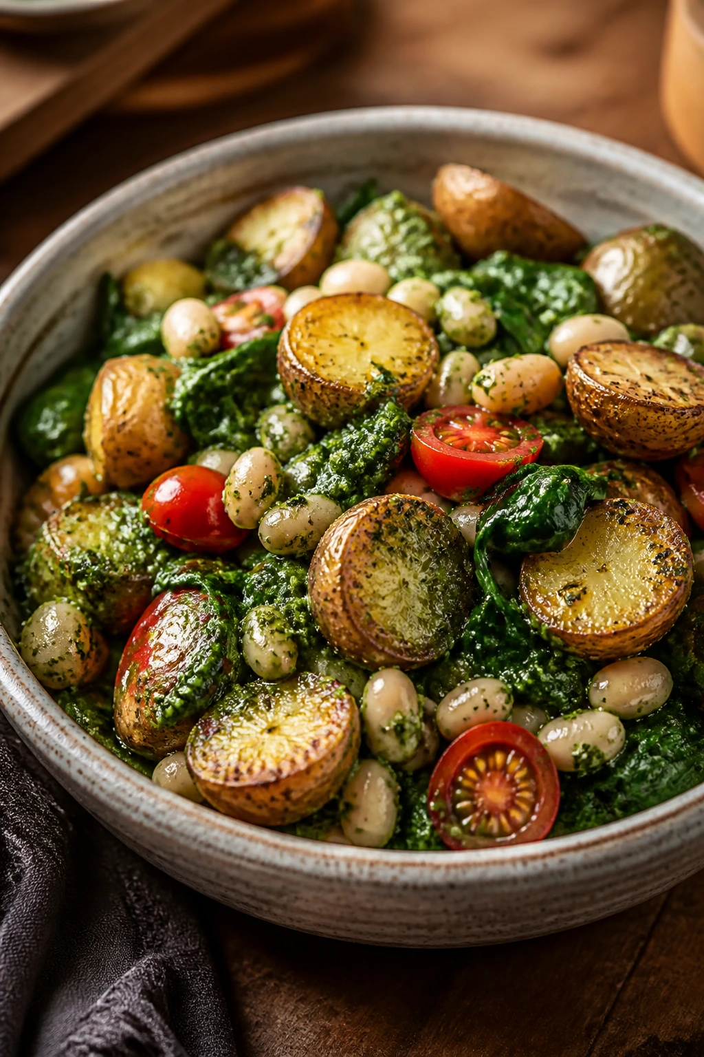 Roasted potatoes with pesto and beans in a bowl