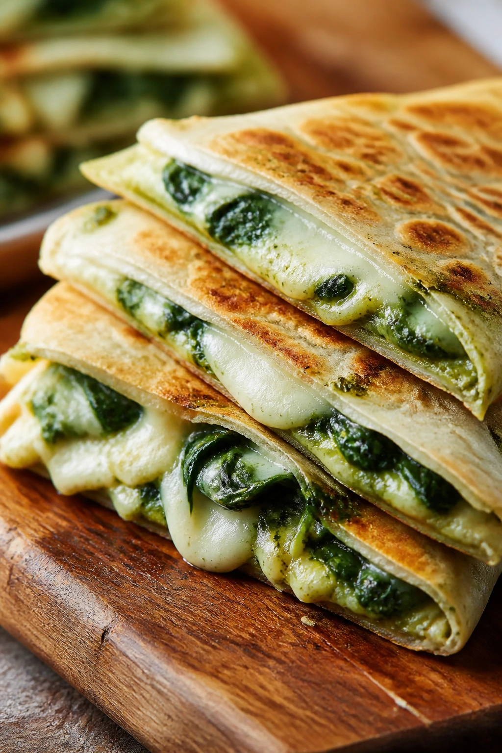 Close-up of spinach pesto quesadillas with melted cheese on a wooden board