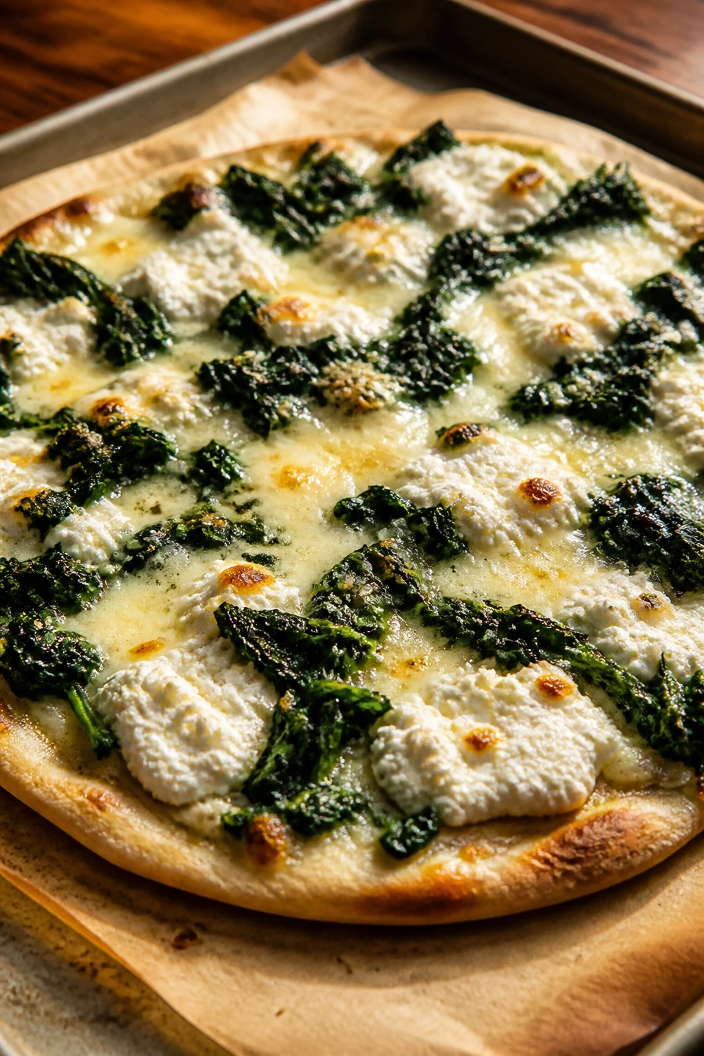 Close-up of spinach ricotta pita pizza with wilted spinach and melted mozzarella on parchment