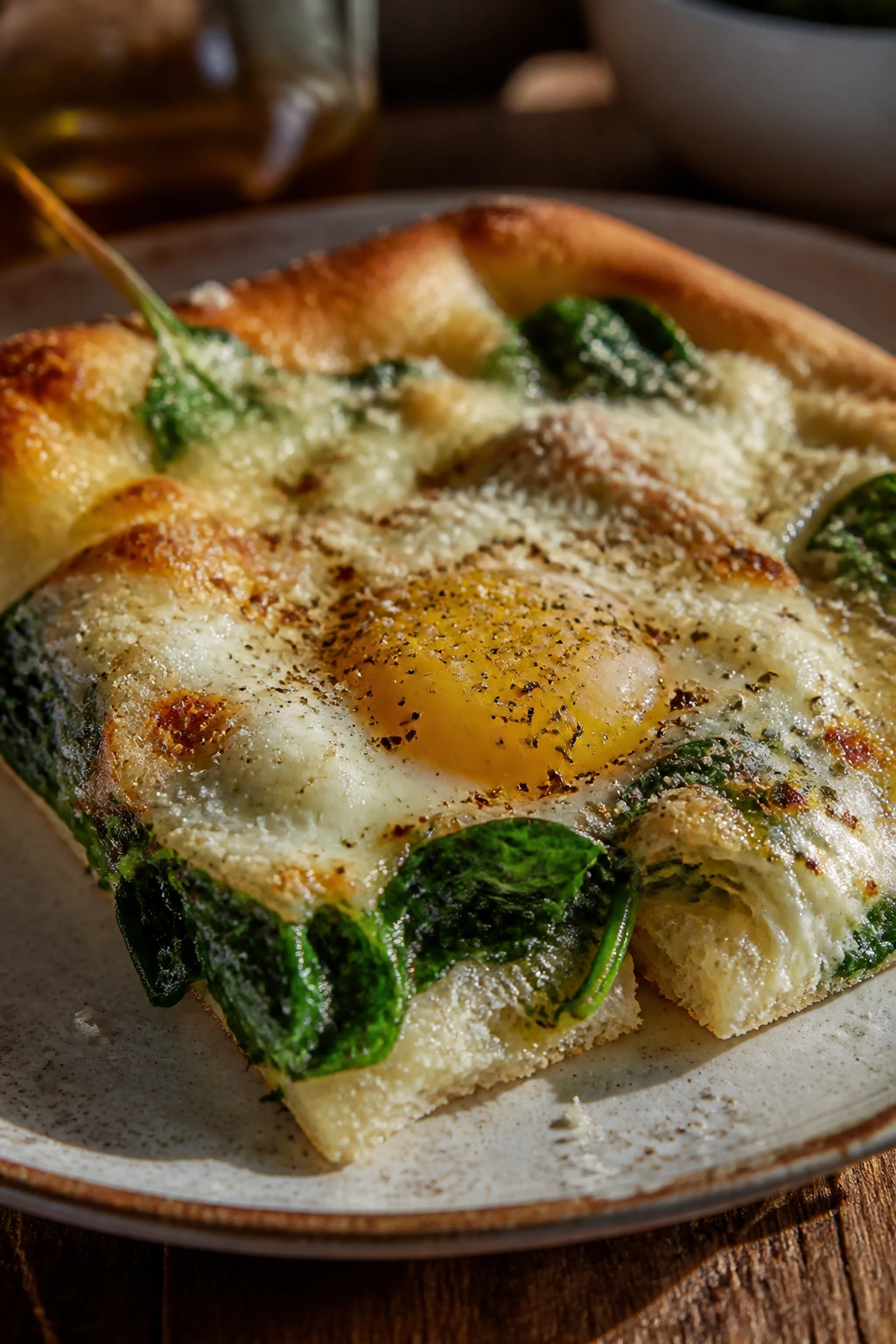 Pizza slice with spinach under cheese illustrating a green garden variation