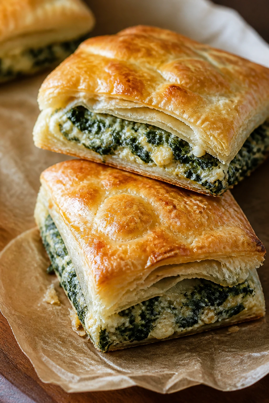 Close-up of spinach and cheese puff squares with spinach filling